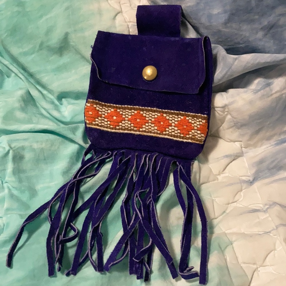 Handmade blue suede hip purse with fringe